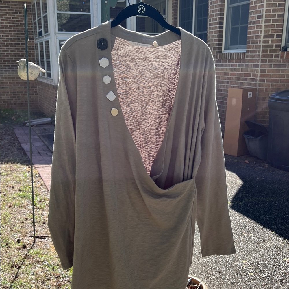 Soft Surroundings Olive Taupe Draped V-Neck Tunic with Hex Button Accents